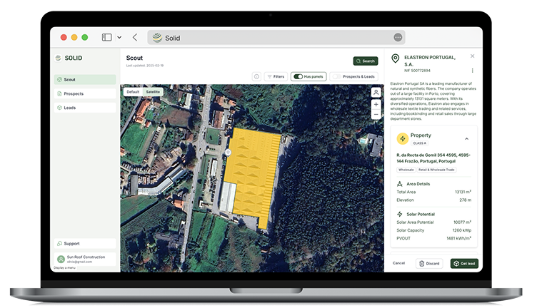 Lead qualification dashboard with rooftop and company insights