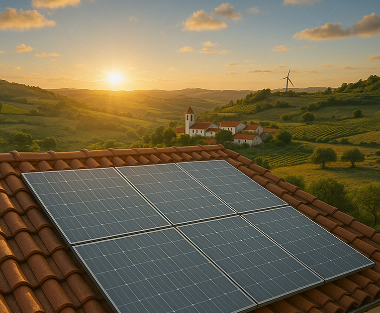 Aerial view of industrial rooftops with photovoltaic coverage